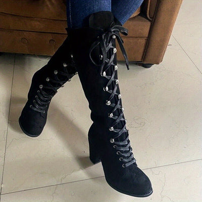 Chunky Heel Lace-Up Boots – Women’s Knee-High Style - Lunavitae