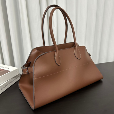 Wide-Base Structured Soft Leather Tote Bag