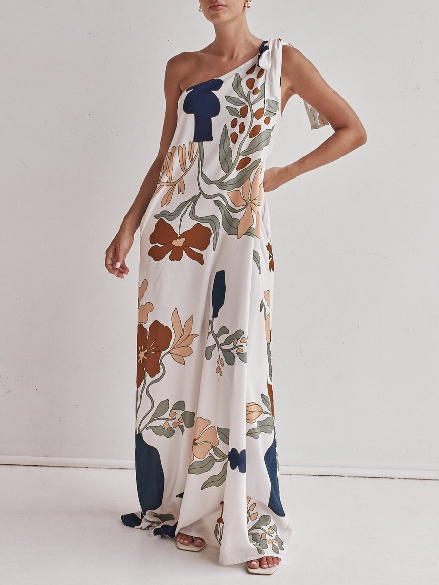 Printed One-Shoulder Maxi Dress - Lunavitae