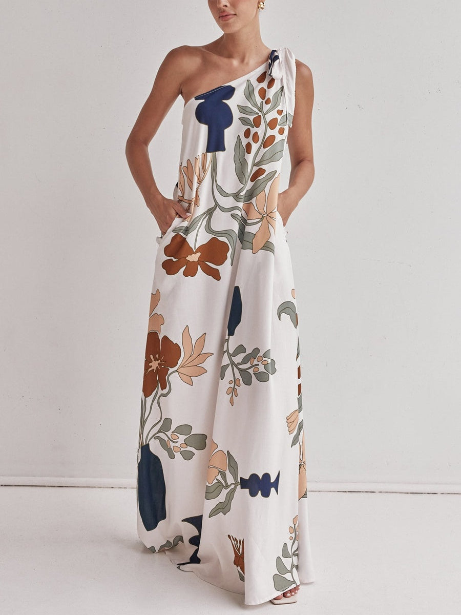Printed One-Shoulder Maxi Dress - Lunavitae