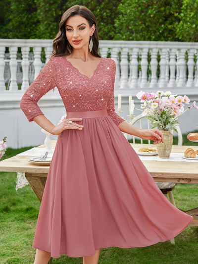 Sequin Lace Midi Dress – V-Neck, Tulle Skirt, 3/4 Sleeve - Lunavitae
