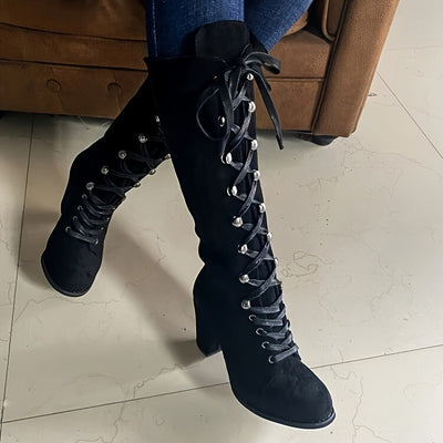 Chunky Heel Knee-High Boots – Lace-Up, Stylish Fit - Lunavitae