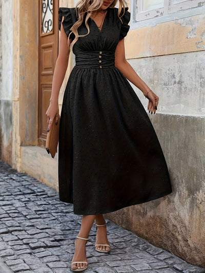 V-Neck Midi Dress – Ruffled Boho Style with Pockets - Lunavitae