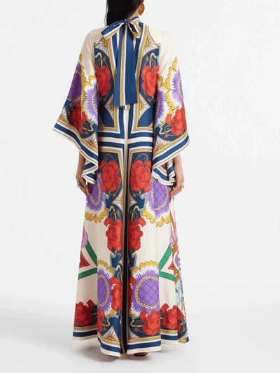 Exquisite Floral Print Draped Waterfall Sleeves Maxi Dress - Lunavitae