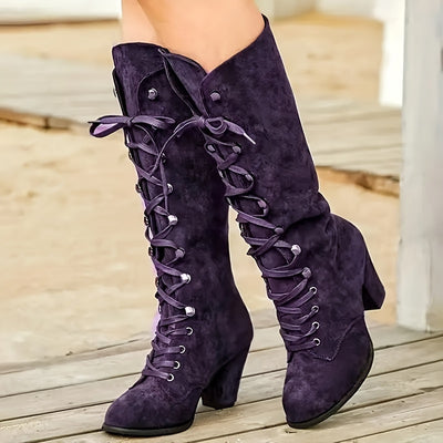 Chunky Heel Knee-High Boots – Lace-Up, Stylish Fit - Lunavitae