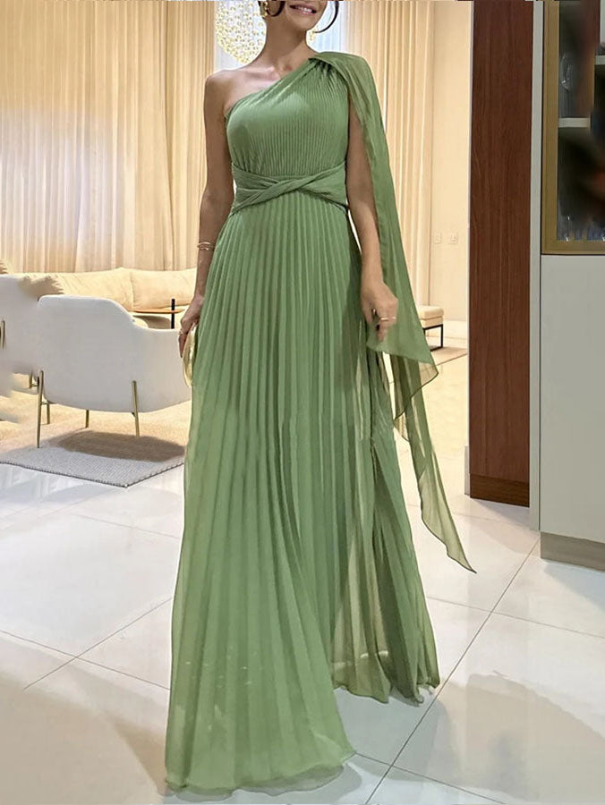 Elegant Flowing Pleated Off-the-Shoulder Maxi Dress - Lunavitae