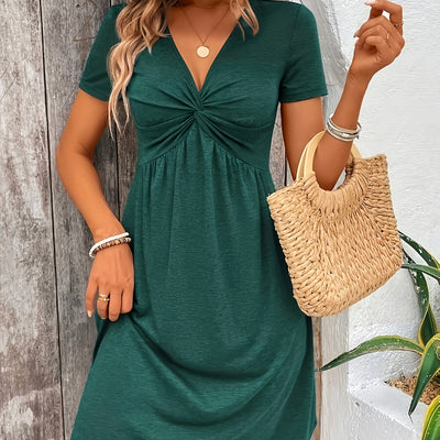V-Neck Twist Front Dress – A-Line, Short Sleeve - Lunavitae