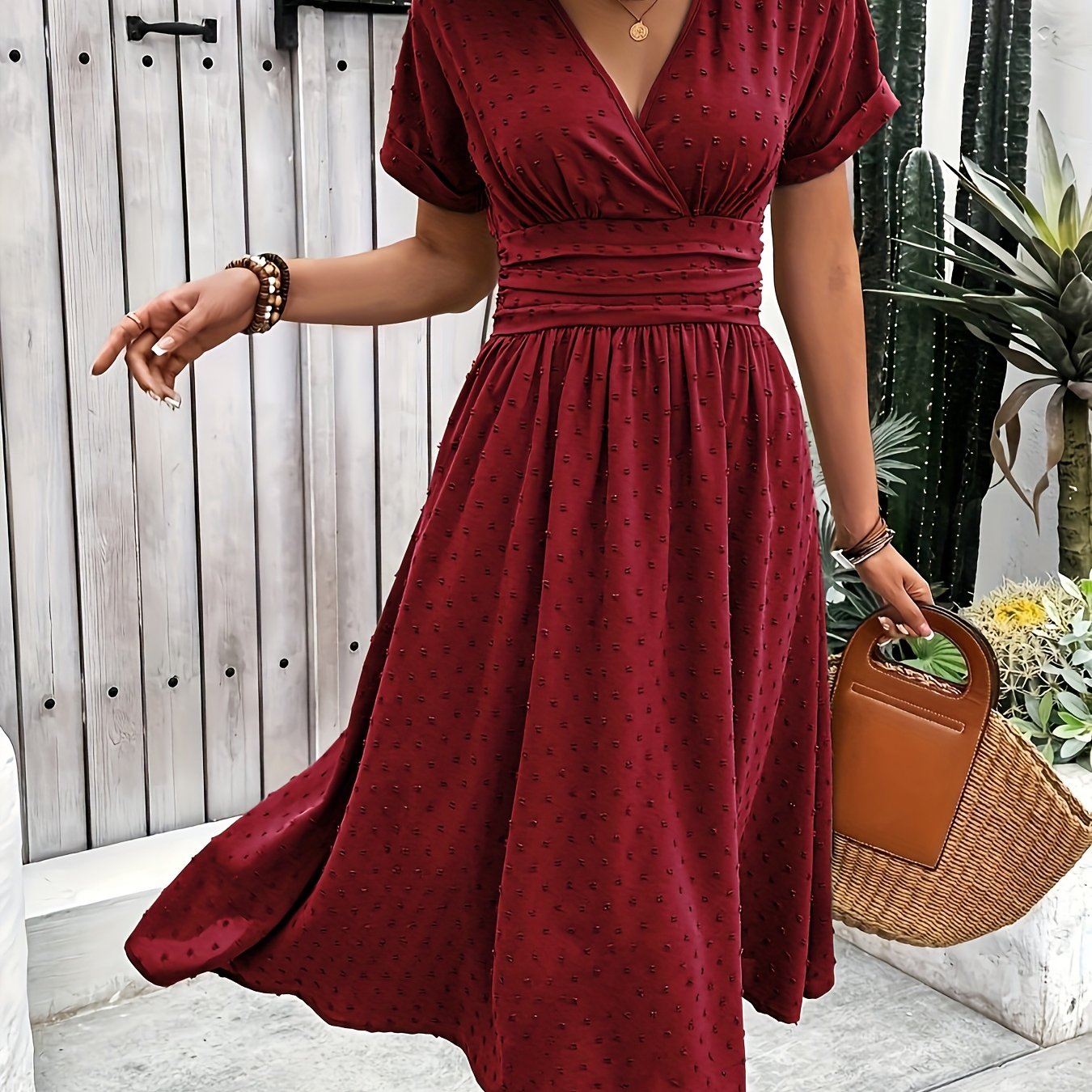 Burgundy Midi Dress – V-Neck, Sleeveless, Flared Fit - Lunavitae