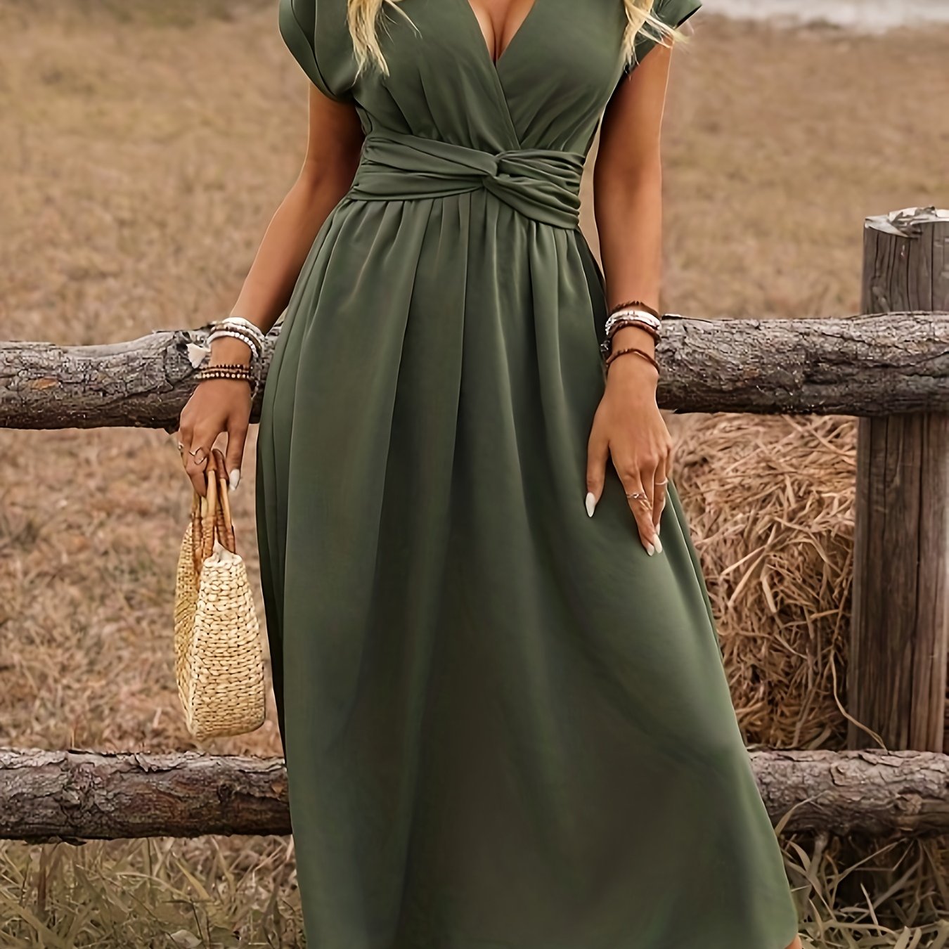 Boho Midi Dress – Batwing Sleeve, Twist Back, Drawstring - Lunavitae
