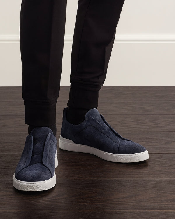 Navy Blue Suede Laceless Sneaker