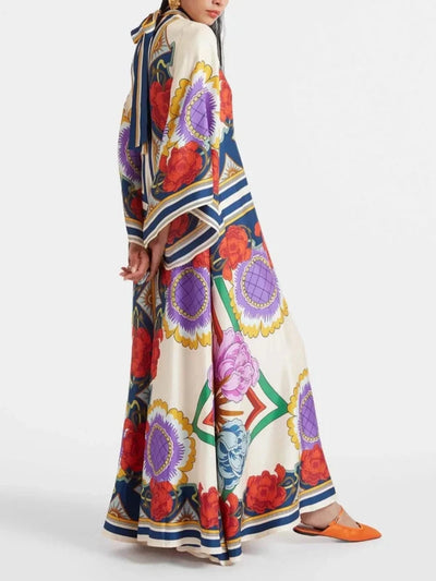 Exquisite Floral Print Draped Waterfall Sleeves Maxi Dress - Lunavitae