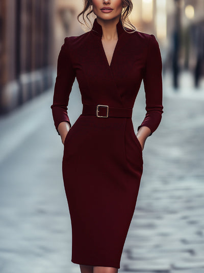 Refined Black Belted Sheath Dress with Mandarin Collar - Lunavitae