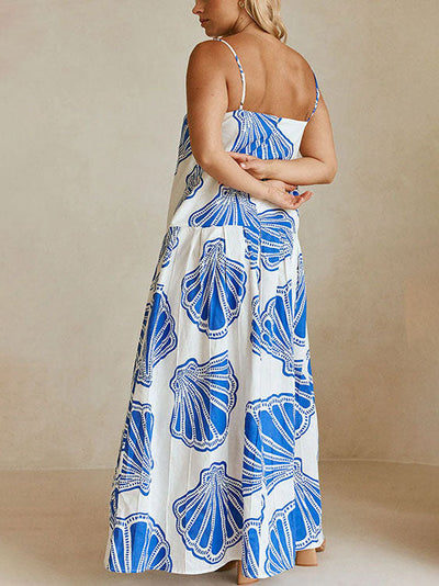 Holiday Casual Ocean Shell Print Sling Maxi Dress - Lunavitae