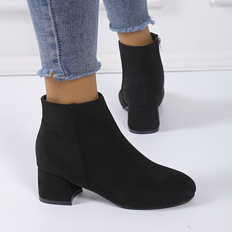 Women's Solid Color Block Heeled Ankle Boots - Side Zipper Short Boots - Lunavitae