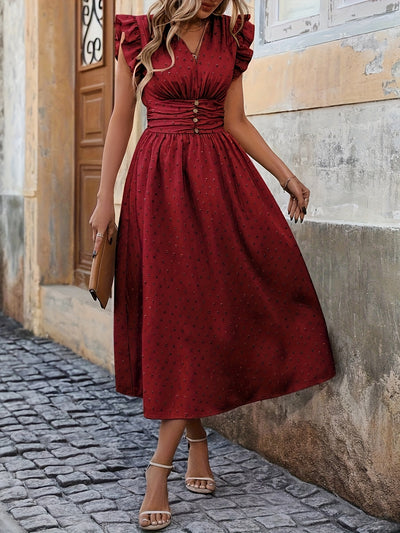 V-Neck Midi Dress – Ruffled Boho Style with Pockets - Lunavitae