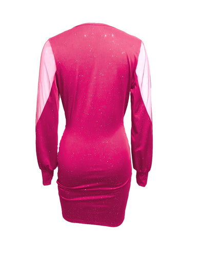 Sparkling V-Neck Bodycon Dress – Mesh Long Sleeve - Lunavitae
