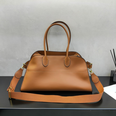 Wide-Base Structured Soft Leather Tote Bag