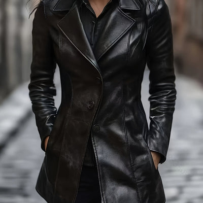 Slim-Fit Faux Leather Jacket – Mid-Length A-Line - Lunavitae