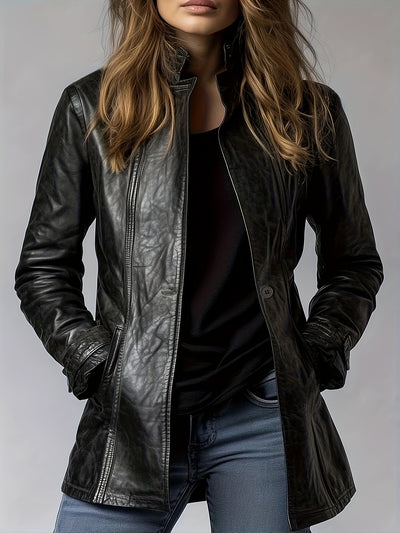 Black Faux Leather Jacket – Glossy Chic All-Season - Lunavitae