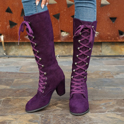 Chunky Heel Knee-High Boots – Lace-Up, Stylish Fit - Lunavitae