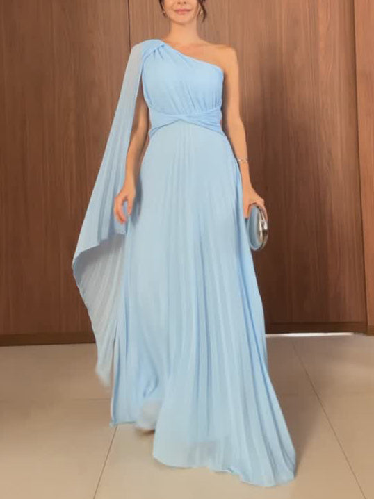 Elegant Flowing Pleated Off-the-Shoulder Maxi Dress - Lunavitae