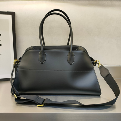 Wide-Base Structured Soft Leather Tote Bag