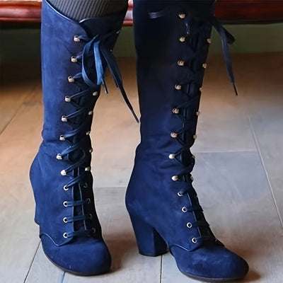 Chunky Heel Knee-High Boots – Lace-Up, Stylish Fit - Lunavitae