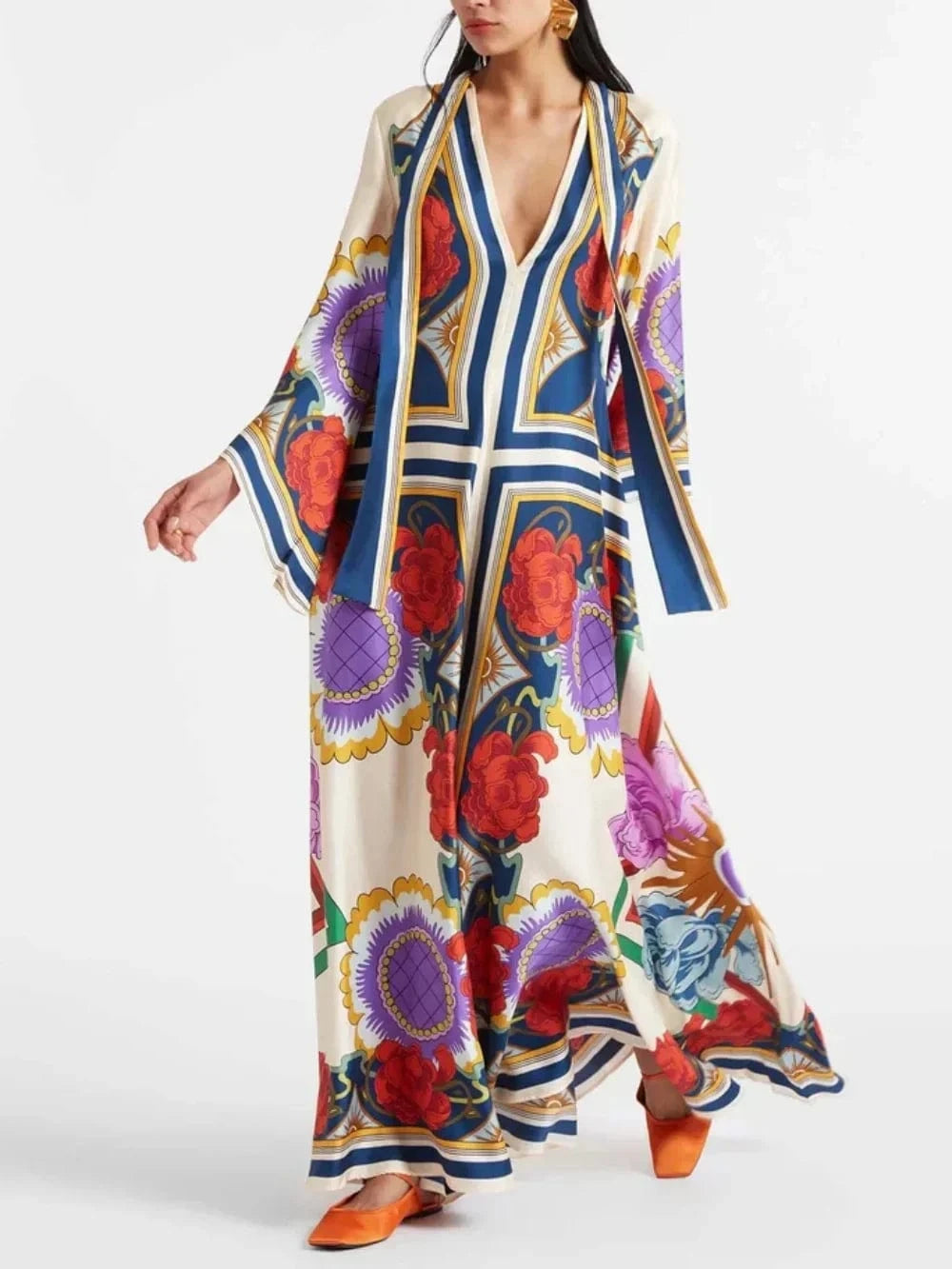Exquisite Floral Print Draped Waterfall Sleeves Maxi Dress - Lunavitae