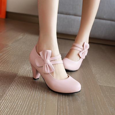 Kitten Heel Pumps – Bow Ankle Strap, Round Toe - Lunavitae