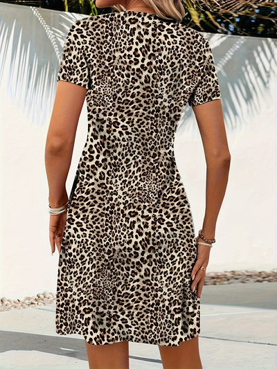 Leopard Print Midi Dress – Twist Front, V-Neck - Lunavitae