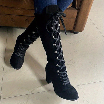 Chunky Heel Lace-Up Boots – Women’s Knee-High Style - Lunavitae