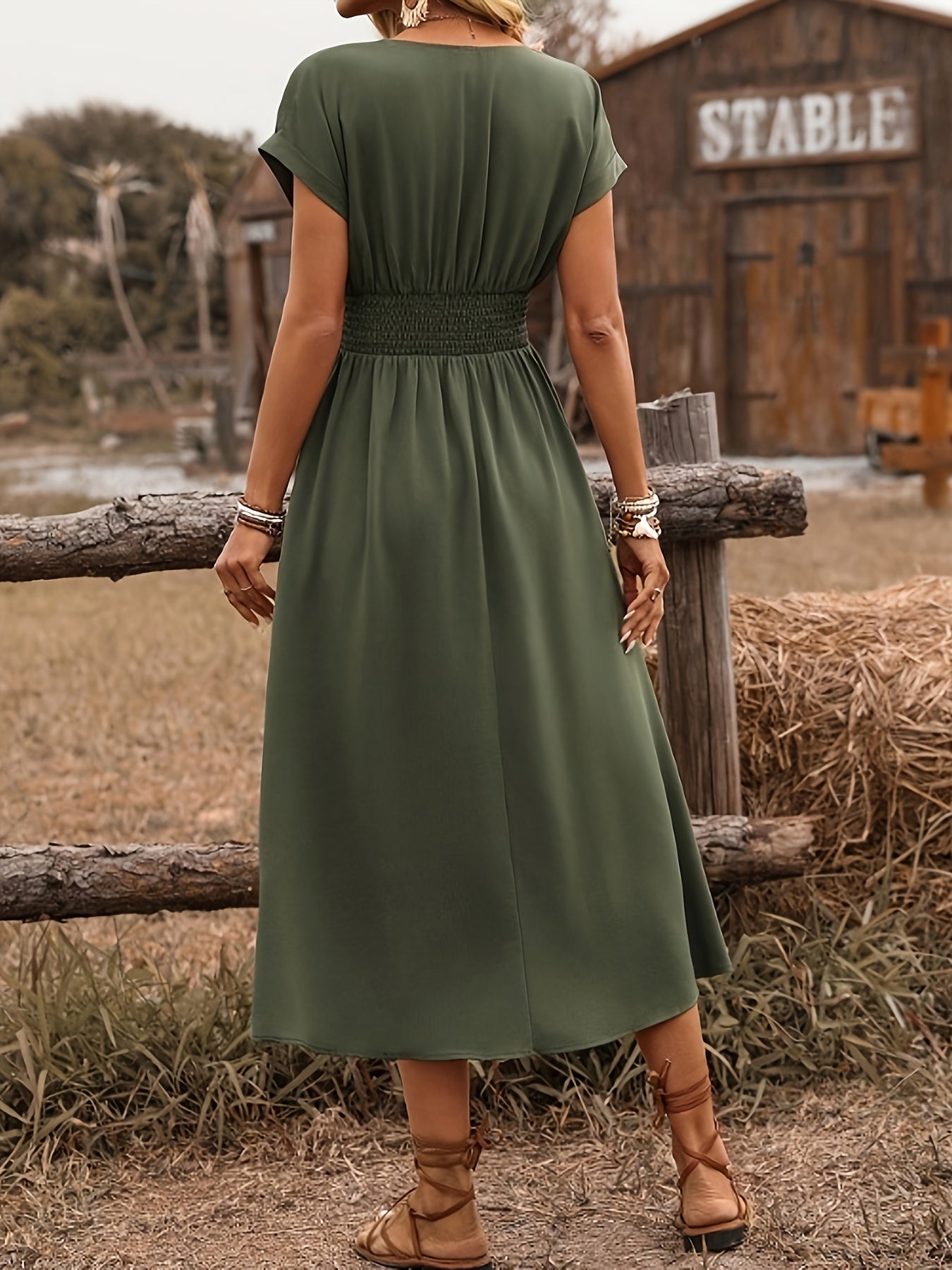 Boho Midi Dress – Batwing Sleeve, Twist Back, Drawstring - Lunavitae
