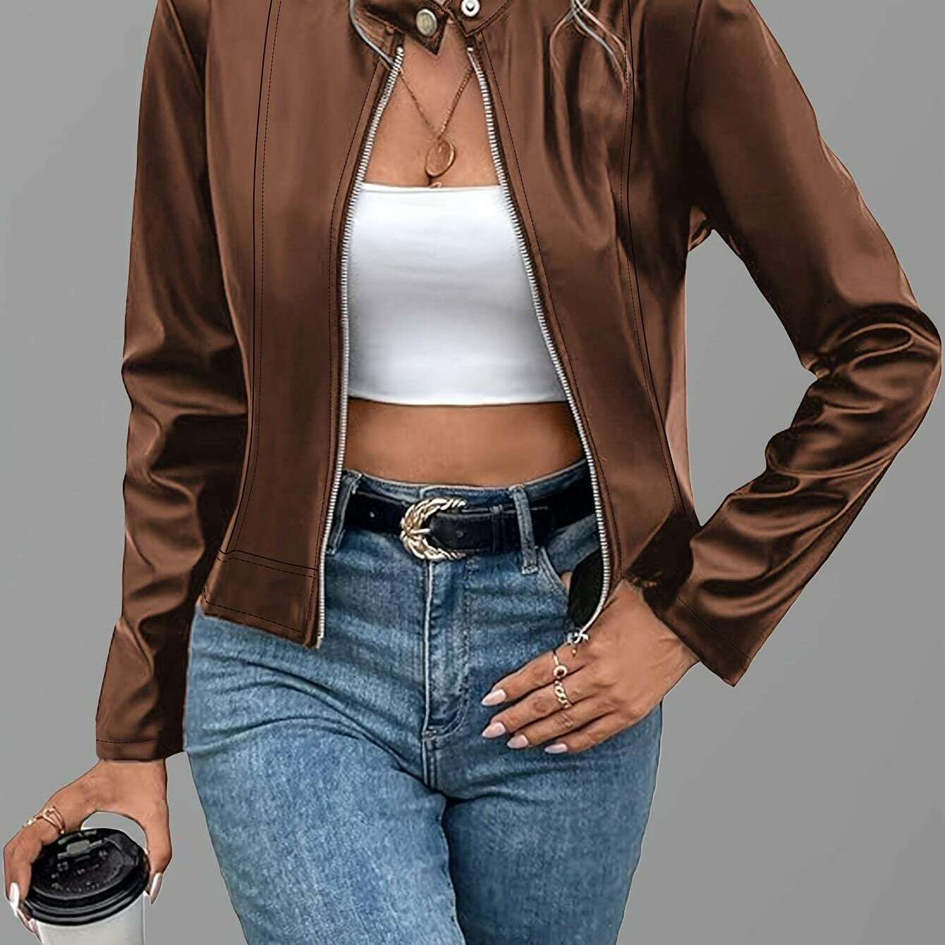 Womens Elegant Black PU Jacket – Chic Fall/Winter Style