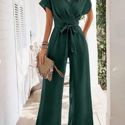 Chic Surplice Jumpsuit – Tie Waist, Wide Leg Fit - Lunavitae