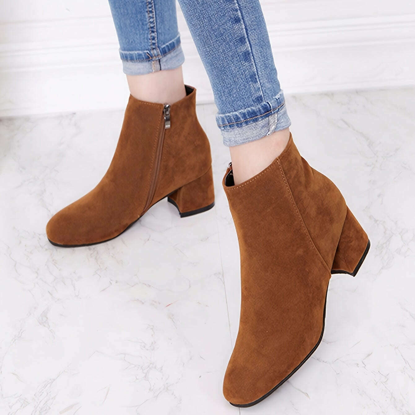 Women's Solid Color Block Heeled Ankle Boots - Side Zipper Short Boots