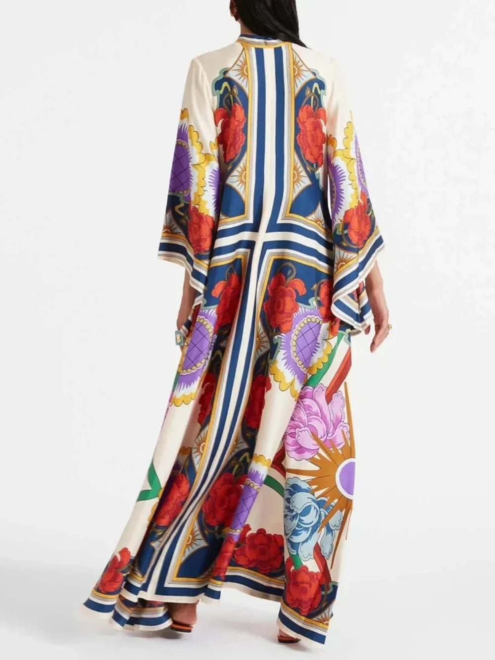 Exquisite Floral Print Draped Waterfall Sleeves Maxi Dress - Lunavitae