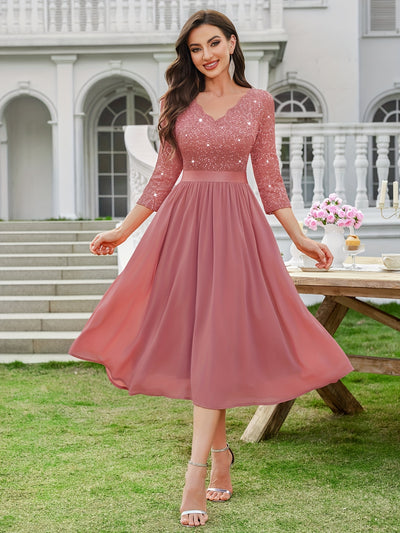Sequin Lace Midi Dress – V-Neck, Tulle Skirt, 3/4 Sleeve - Lunavitae