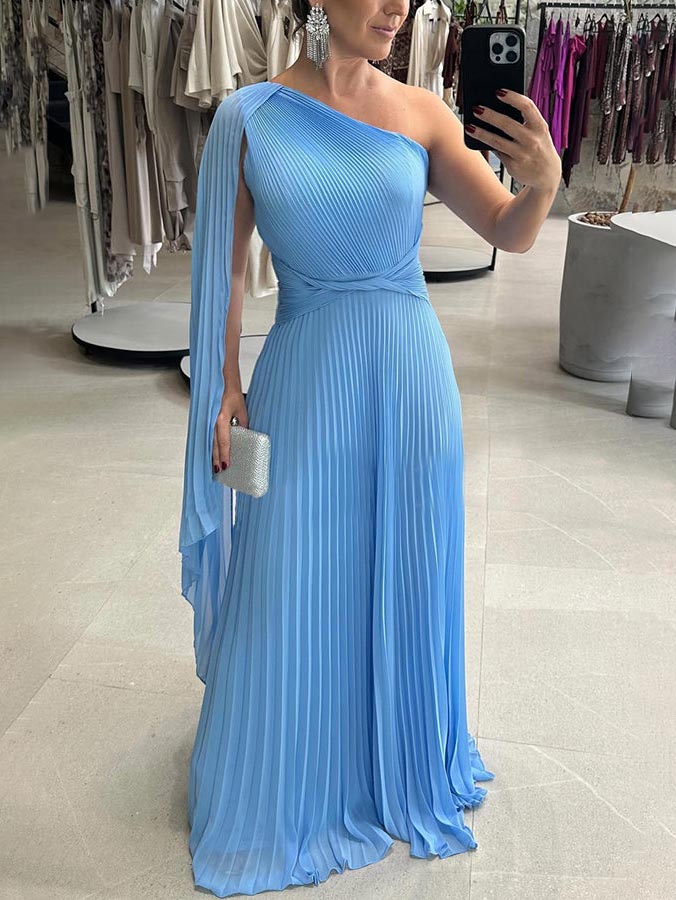 Elegant Flowing Pleated Off-the-Shoulder Maxi Dress - Lunavitae
