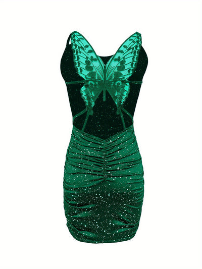 Butterfly Print Bodycon Dress – Backless & Sparkly - Lunavitae