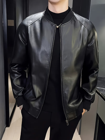 Men’s Black PU Leather Jacket – Stylish Loose Fit, Machine Washable - Lunavitae
