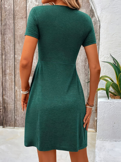 V-Neck Twist Front Dress – A-Line, Short Sleeve - Lunavitae