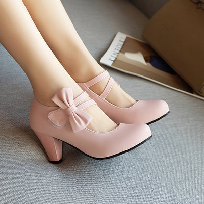 Kitten Heel Pumps – Bow Ankle Strap, Round Toe - Lunavitae
