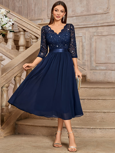 Sequin Lace Midi Dress – V-Neck, Tulle Skirt, 3/4 Sleeve - Lunavitae
