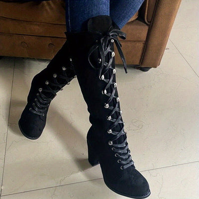 Chunky Heel Lace-Up Boots – Women’s Knee-High Style - Lunavitae