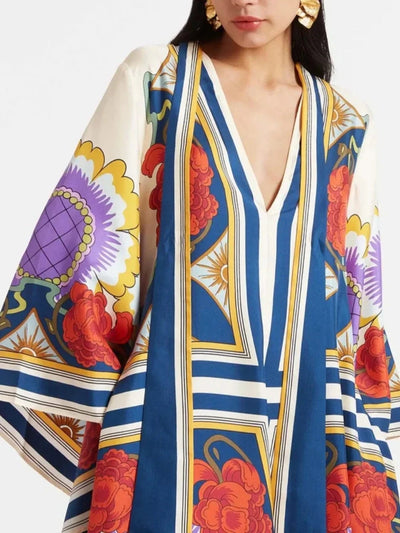 Exquisite Floral Print Draped Waterfall Sleeves Maxi Dress - Lunavitae