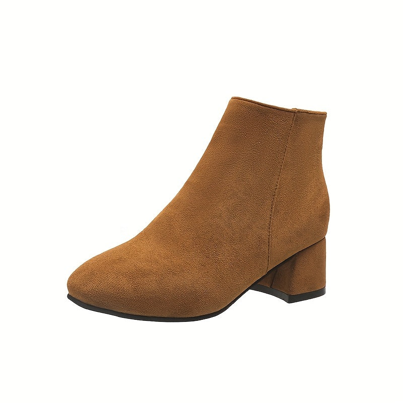 Women's Solid Color Block Heeled Ankle Boots - Side Zipper Short Boots - Lunavitae