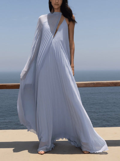 Elegant V-neck Pleated Flowy Maxi Dress - Lunavitae