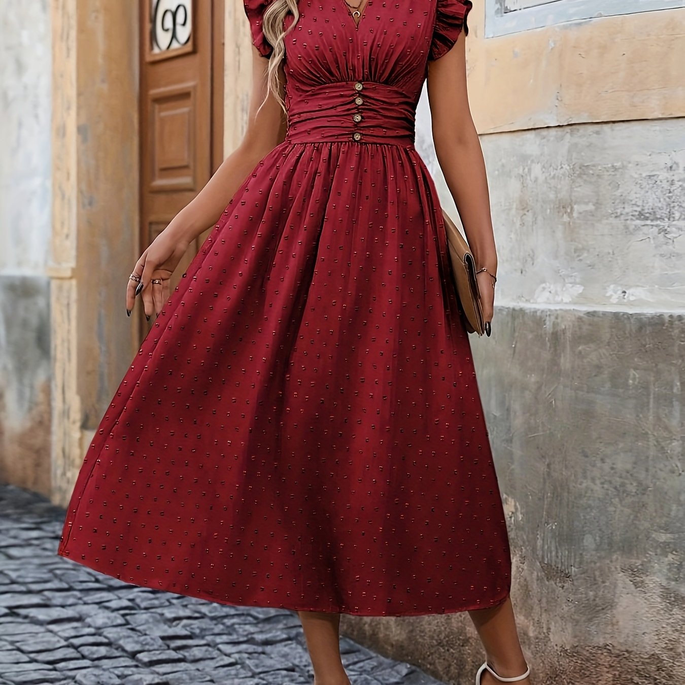 V-Neck Midi Dress – Ruffled Boho Style with Pockets - Lunavitae