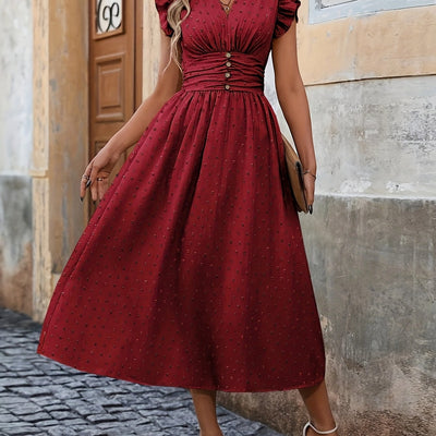 V-Neck Midi Dress – Ruffled Boho Style with Pockets - Lunavitae