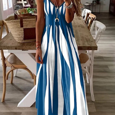 Striped V-Neck Cami Dress – Sleeveless & Chic - Lunavitae